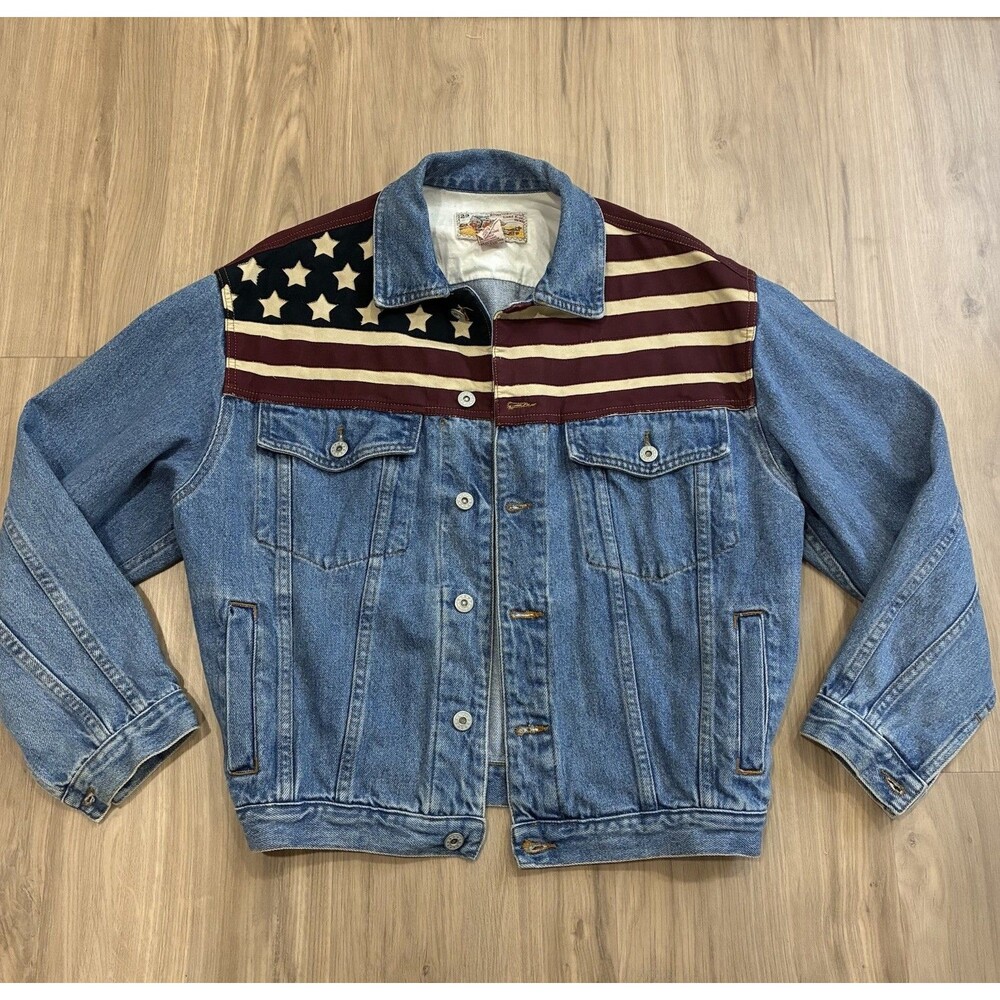 Vintage River Gold Denim Jean Jacket Mens S Western Americana Faux Leather Flag